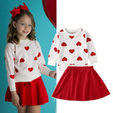 Girl Long Sleeve Love Heart Printed Valentine Skirt 2Pcs Outfits Set