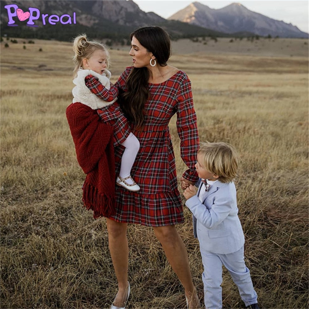 Family Matching Parent-Child Fashion Plaid Print Bow Dresses