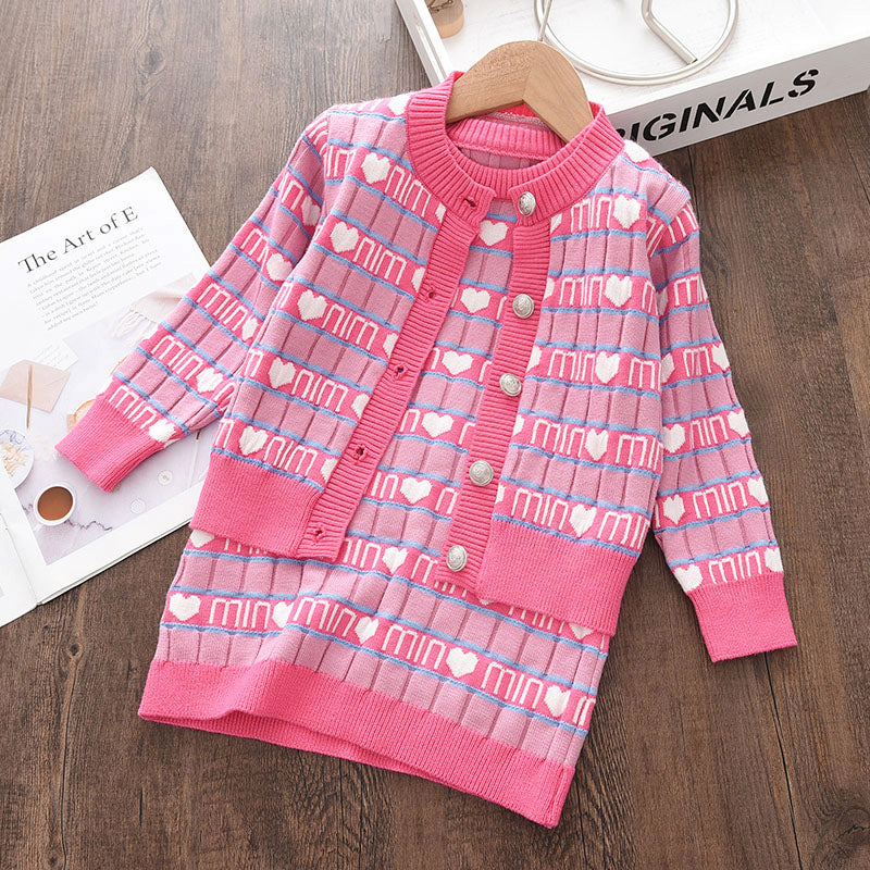 Kid Gir Knitted Print Sweater Dress Outfits 2 Pcs Sets