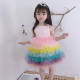 Kids Girls Summer Rainbow Formal Birthday Girl Spliced Party Dress - honeylives