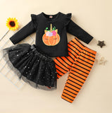 0-3T Baby Girls Halloween Black Round Collar 3 Pcs Sets