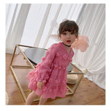 Kids Girl Rose Red V Neck Flower PrincesSolid Chiffon Dresses 3-14 Years