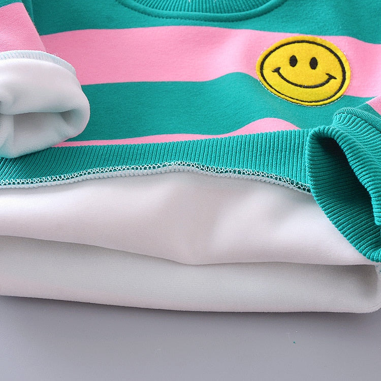 Baby Girl Boy Autumn Warm Suits Plush Stripe Smiley Sets 2 Pcs