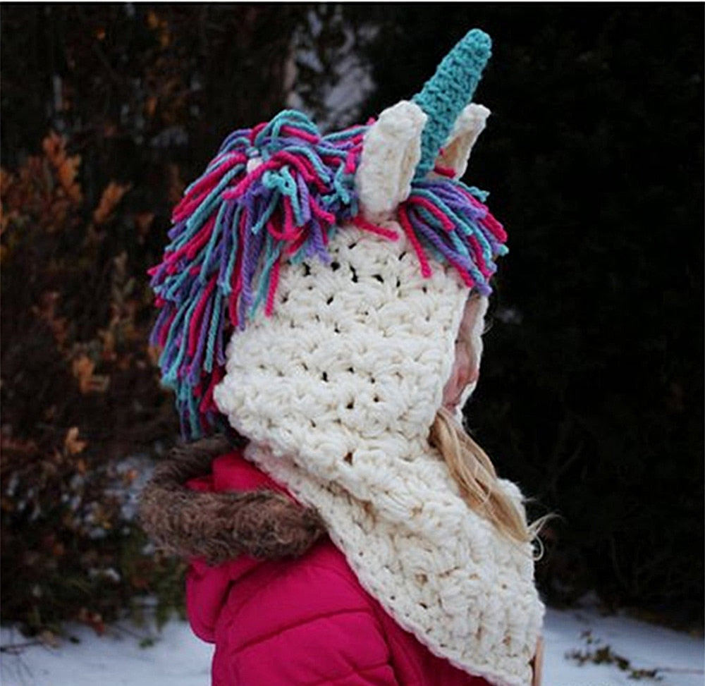 Girls Handmade Hats Unicorn Winter Knitted Hat Animal Cap 3-10 Years