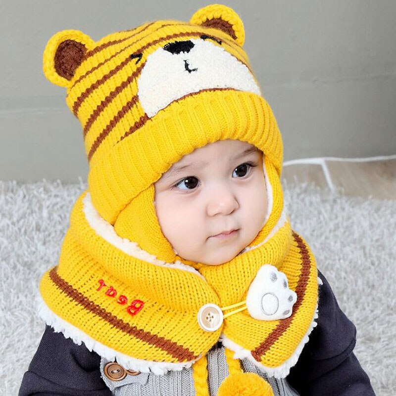 Unisex Kids Cartoon Bear Stripe Hats And Scarf Set Winter Warm Suit