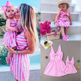 Family Matching Mother Daughter Sleeveless Stripe Beach Dress