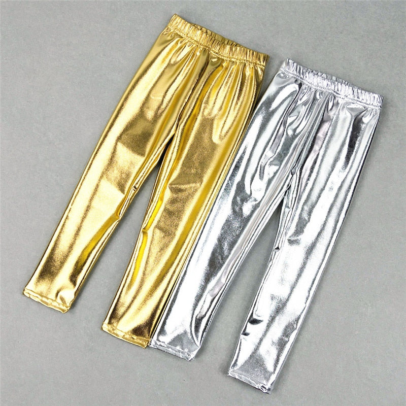 Baby Girls Leggings Metallic Gold Silver Punk Pants 2-10 Years