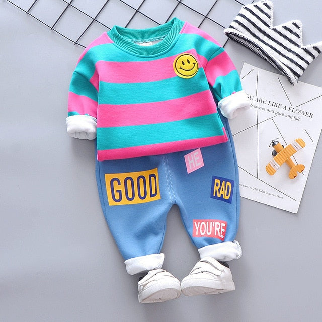Baby Girl Boy Autumn Warm Suits Plush Stripe Smiley Sets 2 Pcs