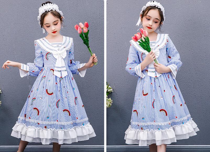 Kids Rainbow Dress Fall Tutu Lolita Stripe Fashion Princess Dresses 5-12 Years