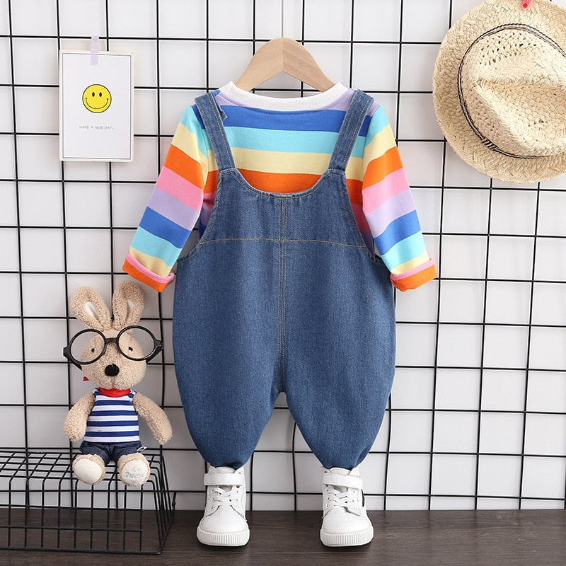 Kids Boy Girl Autumn Cotton Stripe Jacket Denim Bib 2Pcs/sets