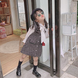 Girls Long Sleeve Dress Kids Houndstooth Vest+Dress 2 Pcs