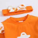 0-18M Baby Girl Halloween Frilly Long Sleeves Pumpkin Print 3 Pcs Sets