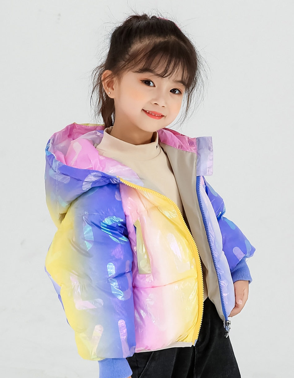 Girl Rainbow Colorful Glossy Down Cotton Jacket Candy Warm Coat