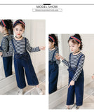 Girls Denim Bib Pants +Plaid Tops 2 Pcs Suits 3-16 Years