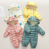 Newborn Infant Jumpsuit Warm Flannel Rompers Printed Hooded Outerwear