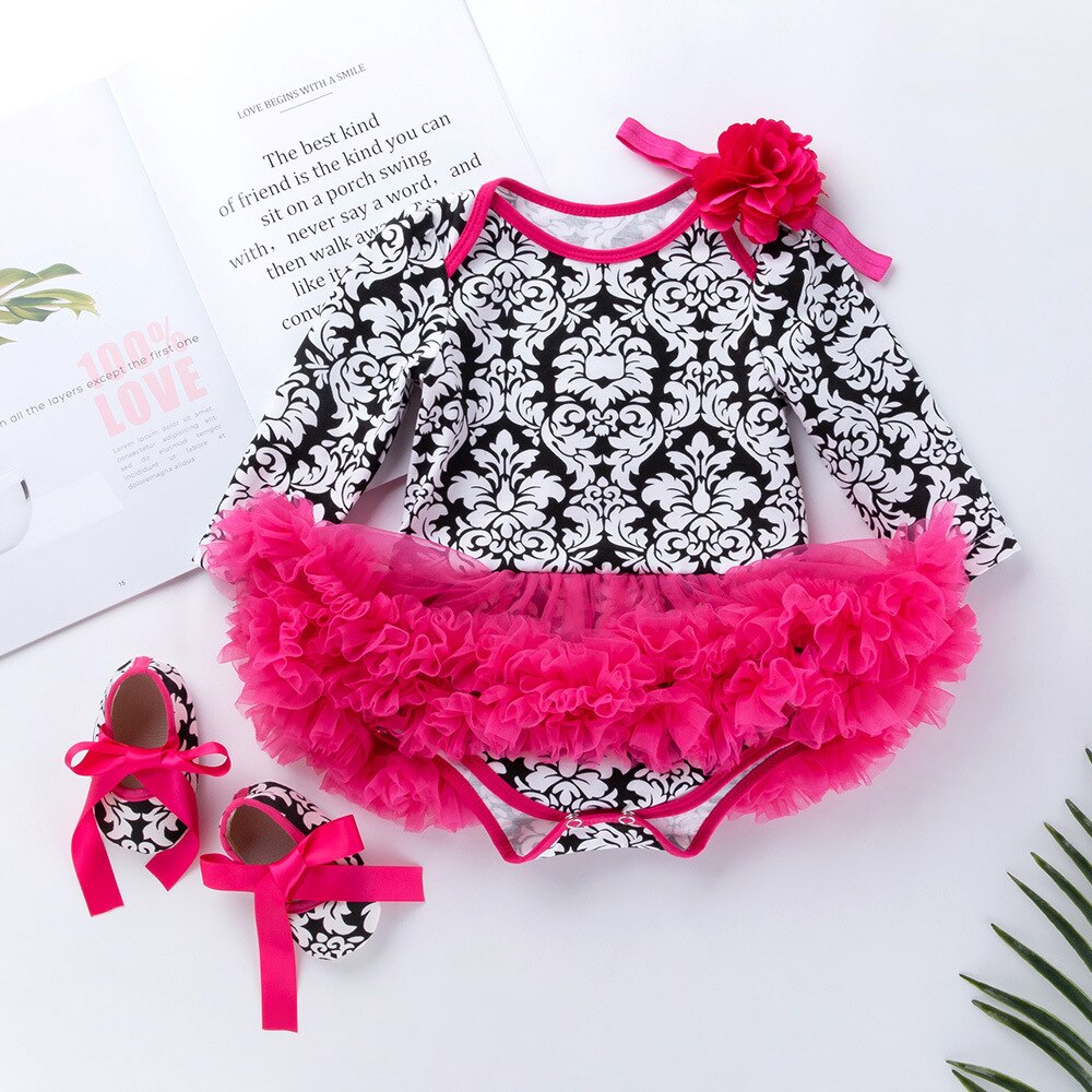 Baby Girls Jumpsuits Floral Mesh Tutu Bodysuits Baptism Rompers 3Pcs 3-18M