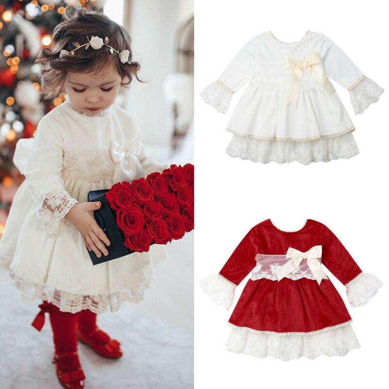Kids Baby Girls Flared Sleeve Lace Bowknot Princess Dress Ball Gown 1-6Y