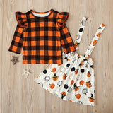 1-5T Kids Baby Girl Halloween Pumpkin Plaid Outfit Overall 2 Pcs Sets