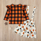 1-5T Kids Baby Girl Halloween Pumpkin Plaid Outfit Overall 2 Pcs Sets