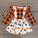 1-5T Kids Baby Girl Halloween Pumpkin Plaid Outfit Overall 2 Pcs Sets