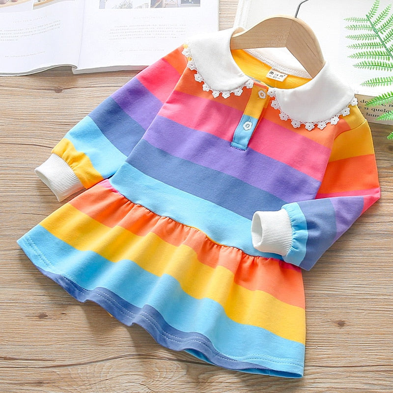 Baby Girls Casual Plaid Stripe Autumn Turn-down Collar Dresses 2-6Years