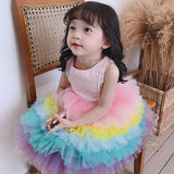 Kids Girls Summer Rainbow Formal Birthday Girl Spliced Party Dress - honeylives