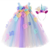 Kids Flowers Girl Unicorn Dress Rainbow Birthday Fairy Dress with Unicorn Headband - honeylives