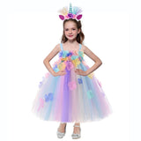 Kids Flowers Girl Unicorn Rainbow Birthday Fairy Dress with Headband