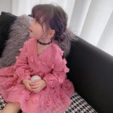 Kids Girl Rose Red V Neck Flower PrincesSolid Chiffon Dresses 3-14 Years