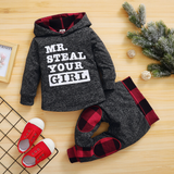 Baby Boys Letter Printed Plaid Long Sleeve Hooded Sets 2 Pcs