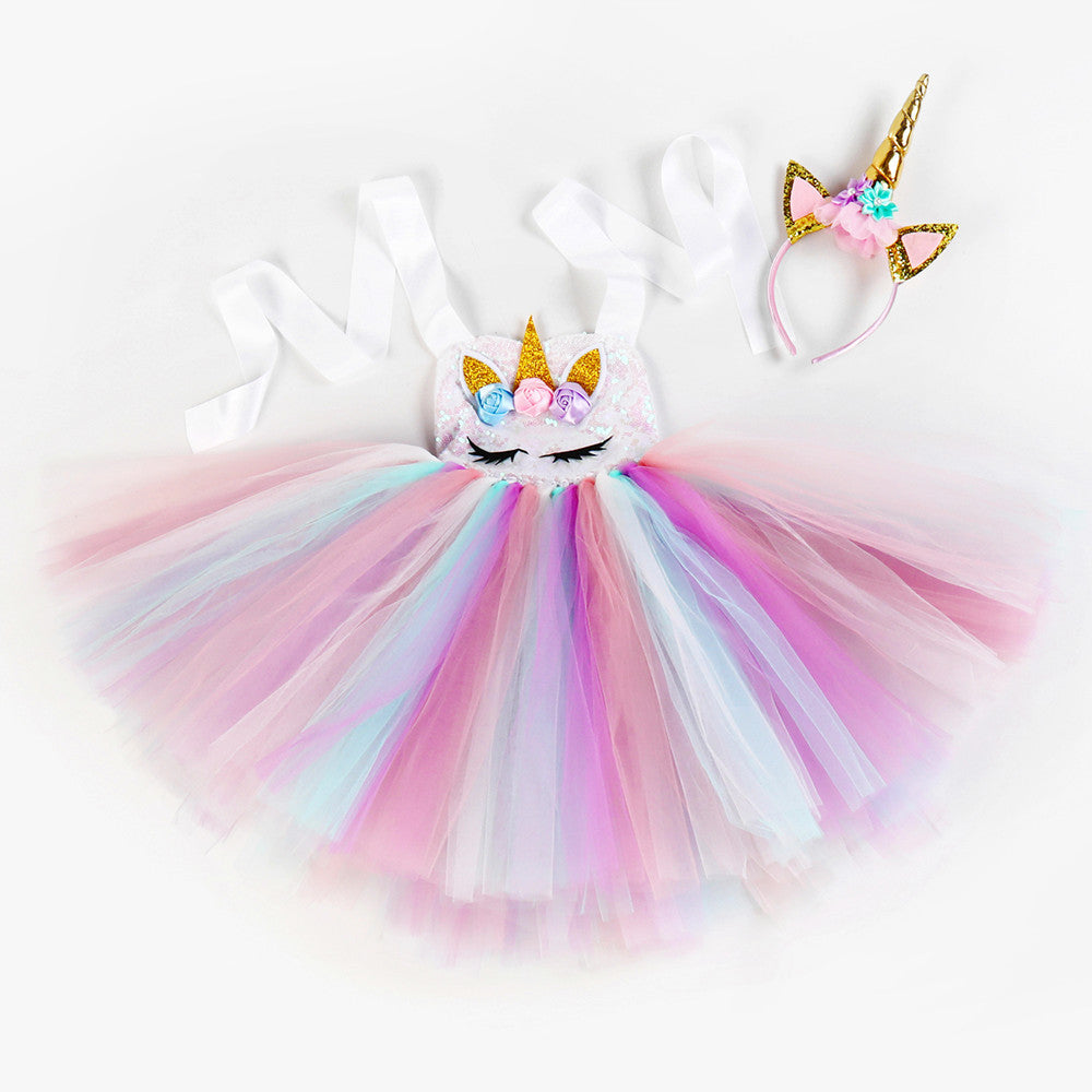 Girls Dress Unicorn Birthday Tutu Dress Sequin Pastel Clothing - honeylives