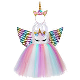 Girls Unicorn Birthday Tutu Sequin Pastel Dress With Headband Wing