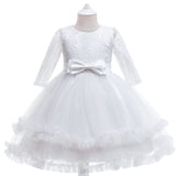 Kids Girl Long Sleeve White Wedding  Baptism Party Birthday Dress