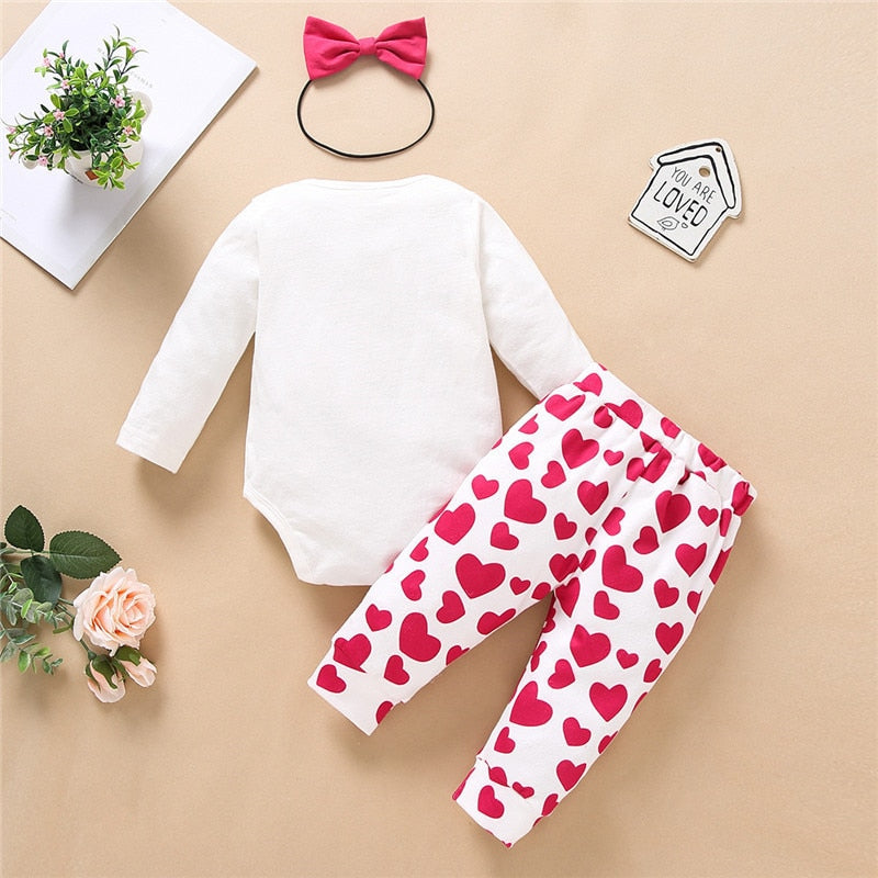 Baby Girls Suit Long-sleeve  Cotton Love Print Valentine Sets 3 Pcs