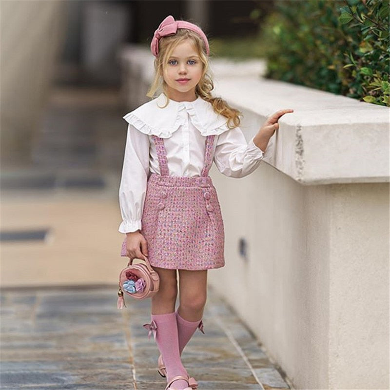 Baby Kid Girls  2pcs Suit Long Sleeve Plaid Suspender Sets