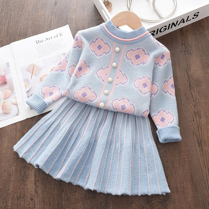 Kid Gir Knitted Print Sweater Dress Outfits 2 Pcs Sets