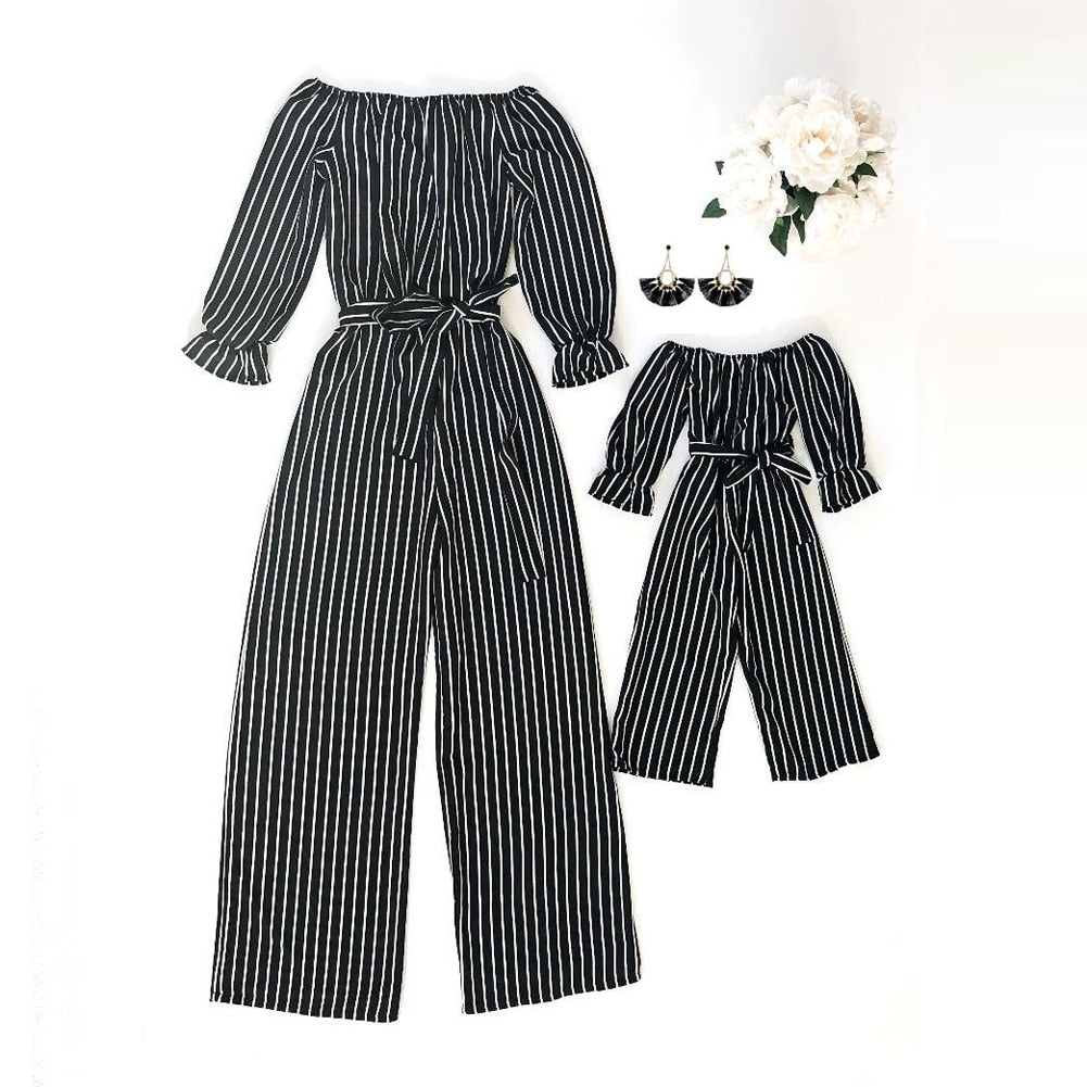Family Matching Mother Daughter Off Shoulder Long Sleeve Striped Dress