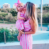 Family Matching Mother Daughter Sleeveless Stripe Beach Dress