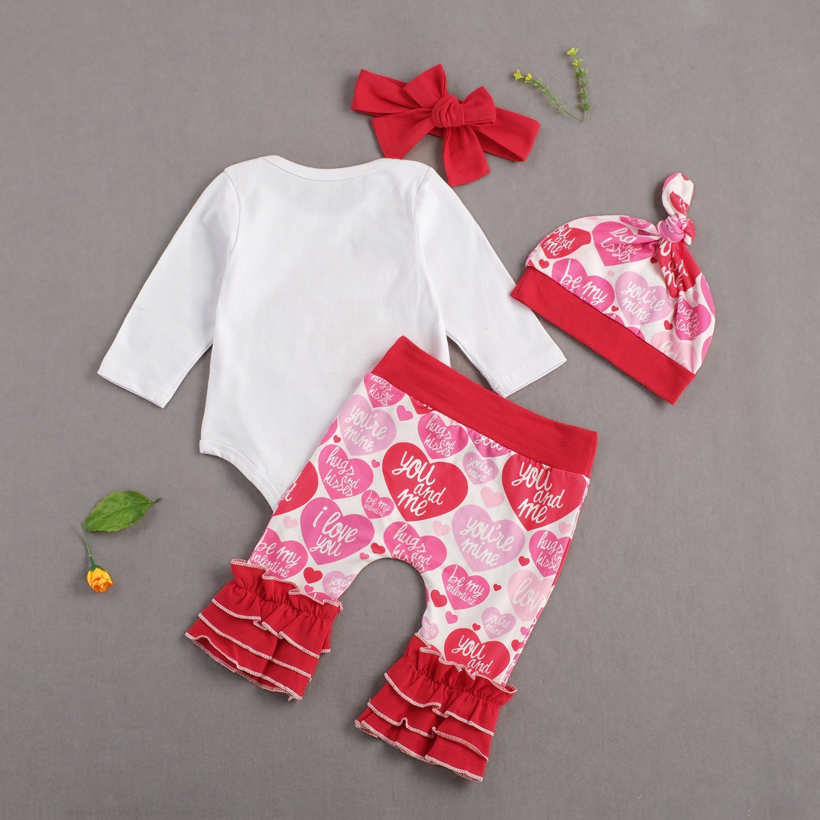 Newborn Baby Girls My First Valentine Day 4pcs Ruffle Bow Tie Outfits Set