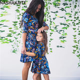 Family Matching Mom Daughter Half Sleeve Blue Dress