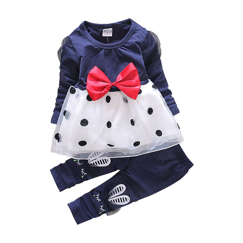 New Spring Autumn  Girl Long-sleeved Bow 2 Pcs Suit