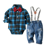 Baby Boy Denim Plaid Gentleman Bib Jeans 4 Pcs Sets Outfit 6-36M