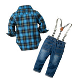 Baby Boy Denim Plaid Gentleman Bib Jeans 4 Pcs Sets Outfit 6-36M