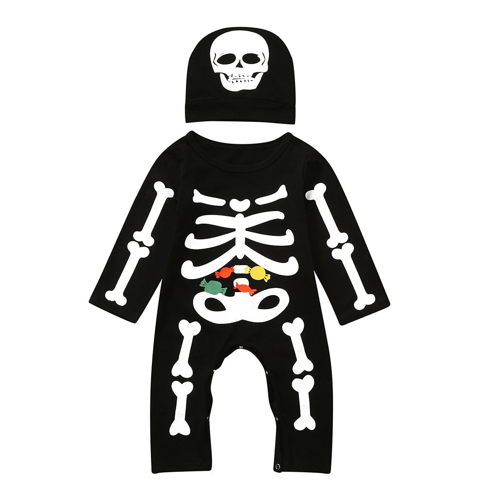 Baby Boys Halloween Bone Print Romper Jumpsuit 3 Pcs Set Outfits