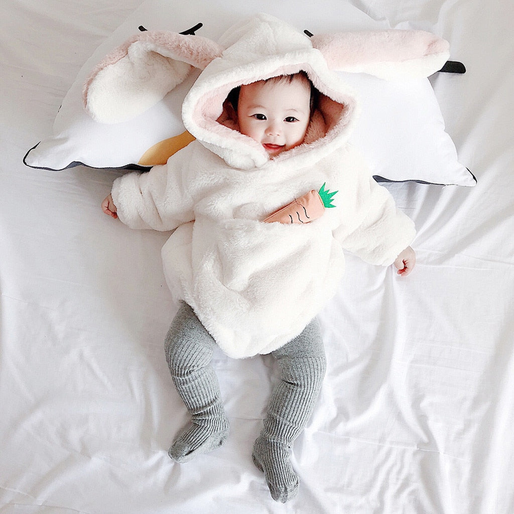 Infant Baby Girl Warm Thick Fleece Hooded Bodysuit Romper