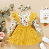 Baby Girls Long Sleeve Floral Print Tops Ruffle Suspender 2 Pcs Outfits