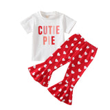 Baby Girl Suit Short Sleeves Alphabet Print Valentine's Day Flare Suits 2 Pcs Set