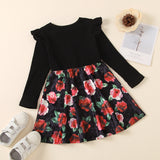 Spring New Girl Black Long Sleeve Pit Strip Stitched Flower Velvet Dress 1-6Y