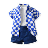 Kid Baby Suit Plaid Short Sleeve Cotton Cardigan 3 Pcs Sets