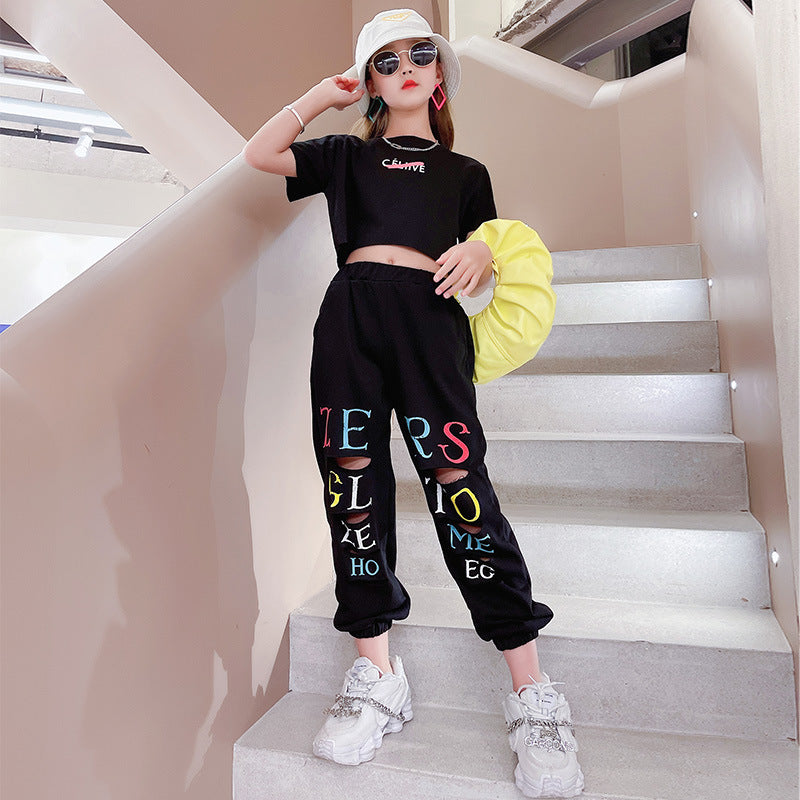 Kid Teenager Girls Summer Fashion Streetwear Ripped Hole 2 Pcs Sets